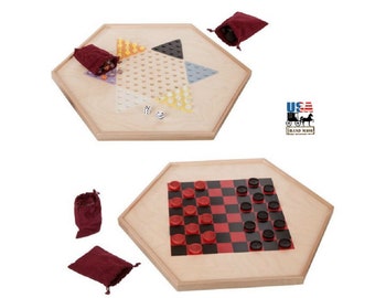 2 CHECKER BOARD GAMES - Chinese Checkers & Traditional with Glass Marbles Handmade Wood Game