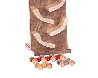 Mini FLIP CAR Race Track, Walnut & Natural Finish - Handmade Wood Toy USA