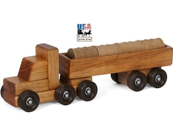 BARREL DELIVERY TRUCK - Wood Tractor Trailer with Cargo Load of Wooden Barrels Amish Handmade Toddler Toys