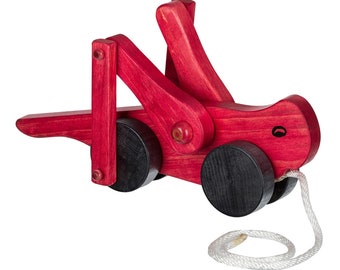 RED GRASSHOPPER - Solid Wood Pull Toy with Eye-Catching Leg Action Amish Handmade Classic Toddler Learning Walking Toys USA