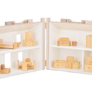 Folding Wooden Dollhouse and Doll Furniture Natural with White Finish FURNISHED