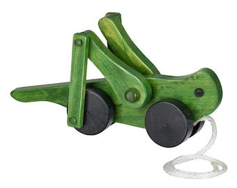 GREEN GRASSHOPPER - Solid Wood Pull Toy with Eye-Catching Leg Action Amish Handmade Classic Toddler Learning Walking Toys USA