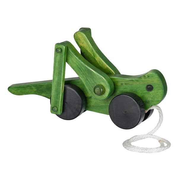 GREEN GRASSHOPPER - Solid Wood Pull Toy with Eye-Catching Leg Action Amish Handmade Classic Toddler Learning Walking Toys USA