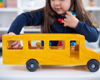 Yellow BIG BUS with Little School People - Large Handmade Wood Toy USA