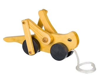 YELLOW GRASSHOPPER - Solid Wood Pull Toy with Eye-Catching Leg Action Amish Handmade Classic Toddler Learning Walking Toys USA