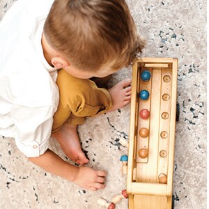 May include: A wooden toy truck with a removable top and a compartment for storing colorful balls. The truck has a blue, red, and brown color scheme. A child is playing with the truck and balls on a patterned rug.