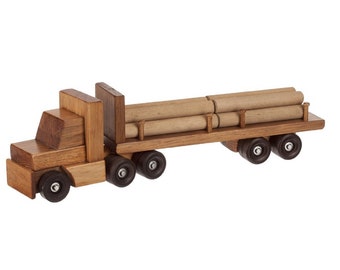 TRACTOR TRAILER TRUCK with Log Cargo Load - Amish Handmade Working Wood Toy Toddler Preschool Wooden Construction Toys