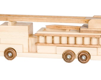 LARGE FIRE ENGINE - Natural Finish Handmade Working Ladder Rescue Truck