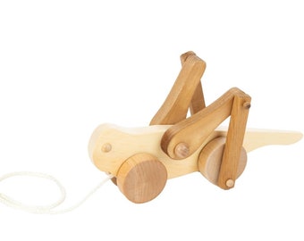 NATURAL GRASSHOPPER - Solid Wood Pull Toy with Eye-Catching Leg Action Amish Handmade Classic Toddler Learning Walking Toys USA