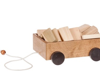 Toddler Pull Wagon Block Set Amish Wooden Toy - Natural Finish