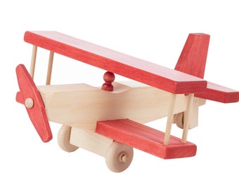 12.5" AIRPLANE - Bi Plane with Pilot & Working Propeller and Wheels Amish Handmade Classic Wood, Red and Natural Finish