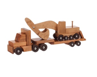 Flat Bed Tractor Trailer with Excavator SET - Large Handmade Wood Construction Toy USA HANDMADE