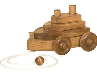 Boat Block Stacker PULL TOY - Classic Wooden Toddler Toy, Natural Harvest Finish