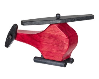 HELICOPTER - Amish Handmade Wood Toy Chopper with 2 Working Propeller Blades, Red Finish