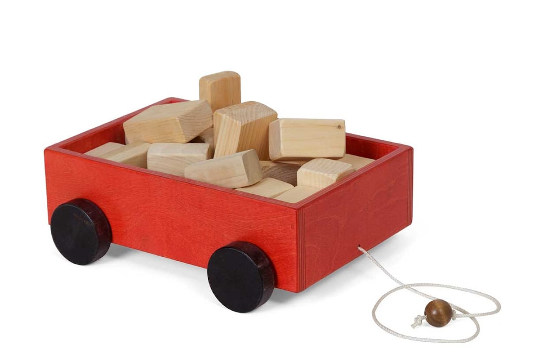 Toddler Pull Wagon Block Set Wooden Toy Etsy