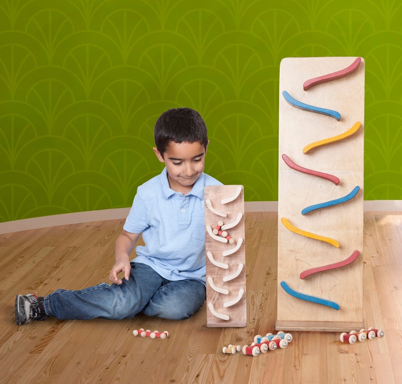 HUGE Train Roller Car Race Track, Harvest Finish Handmade Wood Toy Game USA image 2