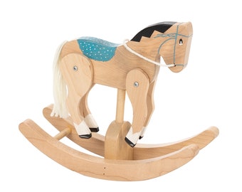 CLACKITY HORSE - Natural & Turquoise with Galloping Legs Solid Wood Toddler Toy Amish Handmade USA Handcrafted