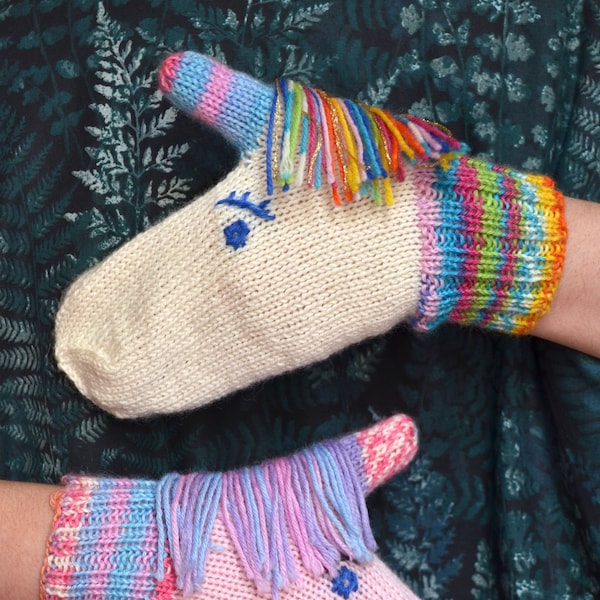 Aurora unicorn mittens pattern, knitted mittens, kid's mittens, pdf pattern