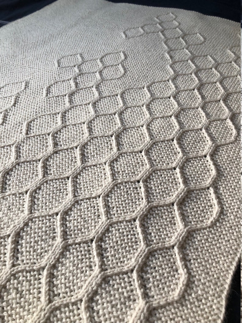 Puede incluir: Una manta de punto beige con un patr&oacute;n geom&eacute;trico de panal.