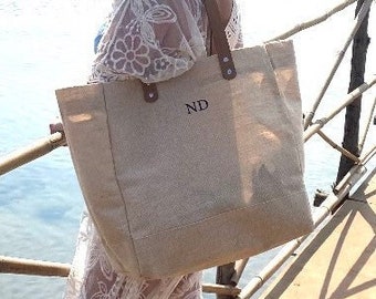 Personalised Beach Bag, Personalised Tote Bag with initials, customised bag, Personalised Jute Shopping Bag,  Long Leather Straps, Luxury