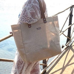 Personalised Beach Bag, Personalised Tote Bag with initials, customised bag, Personalised Jute Shopping Bag,  Long Leather Straps, Luxury