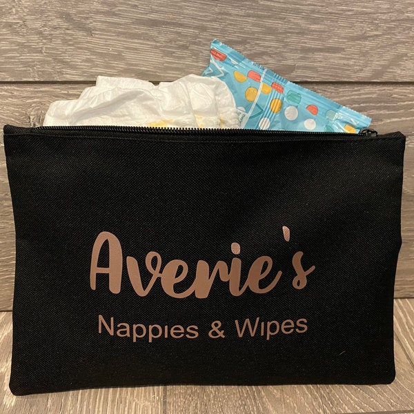 Personalised Travel Nappy Bag, Compact Nappy Bag, Newborn Bag, Personalised Baby Grab Pouch, New Mum Gift, Nappies & Wipes