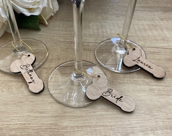 Personalised Plywood Hen Party Wine Glass Charm, Engraved Name