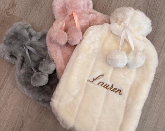 Personalised Hot Water Bottle, Embroidered Fluffy Hot Water Bottle With Pom Poms, Faux Fur Hot Water Bottle Cover, Aches and Pain Relief