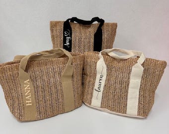 Personalised Small Straw Bag, Mini Tote, Bridesmaid Gift, Hen Party Gift Bag, Burlap tote, Birthday Gift, Mini Straw Holiday Tote Bag