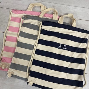 Personalised cotton drawstring bag, pink, grey, navy.
