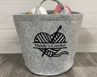 Panier au crochet personnalisé, panier de rangement en feutre, panier au crochet, rangement au crochet, sac au crochet, cadeau au crochet, sac d'artisanat, coeur au crochet