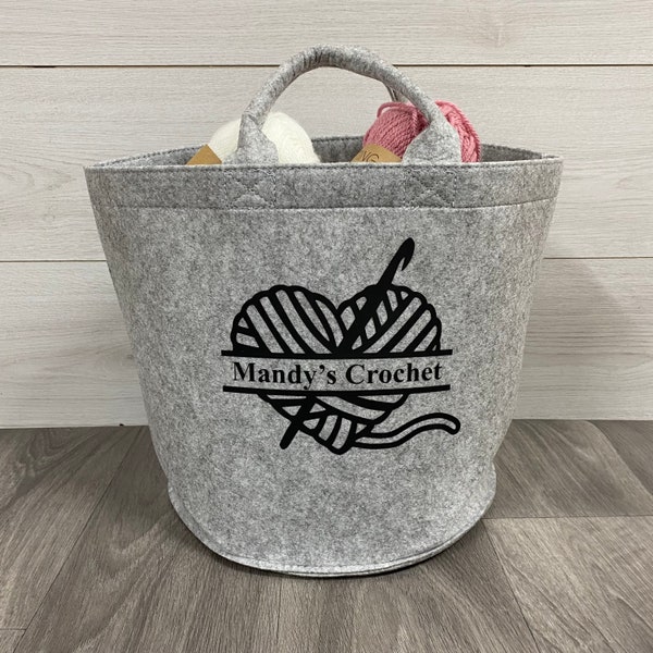 Personalised Crochet Basket, Felt Storage Basket, Crochet Basket, Crochet Storage, Crochet Bag, Crochet Gift, Craft Bag, crochet heart