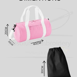 A plain pink and white gym bag showing the dimensions 20 centimetres high, 20 centimetres wide and 40 centimetres in length.  A plain black drawstring bag showing the dimensions 30 centimetres high and 25 centimetres wide.