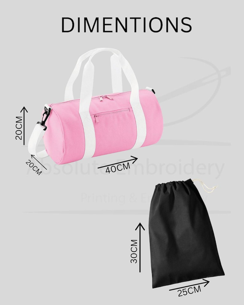 A plain pink and white gym bag showing the dimensions 20 centimetres high, 20 centimetres wide and 40 centimetres in length.  A plain black drawstring bag showing the dimensions 30 centimetres high and 25 centimetres wide.