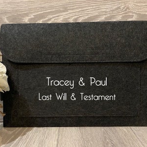 May include: A grey felt envelope with the text "Tracey & Paul Last Will & Testament" printed in white.