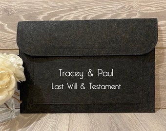 Personalised Last Will & Testament Folder, Notes, Document Organiser, Grey Felt Folder, Document Holder, Personal Document Storage