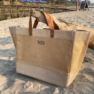 Personalised beach bag, monogram tote bag, Personalised jute bag, Eco bag, Luxury shopper bag, leather handle bag, Personalised shopper bag