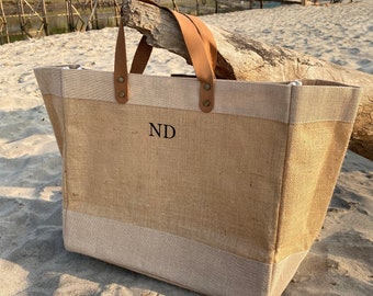 Personalised beach bag, monogram tote bag, Personalised jute bag, Eco bag, Luxury shopper bag, leather handle bag, Personalised shopper bag