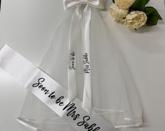 Personalised hen party veil & sash set, soon to be veil, personalised veil, veil with bow, , bridal shower, hen party sash