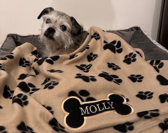 Personalised Pet Blanket Embroidered with a bone applique and your pets name, dog blanket, embroidered blanket, personalised fleece blanket.