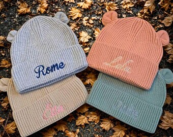 Personalised Knitted Teddy Bear Hat, Embroidered Baby Beanie