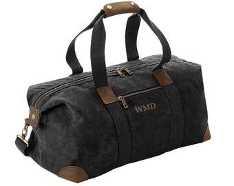 Personalised Waxed Canvas Duffle Bag, Leather Accents, Embroidered Monogram