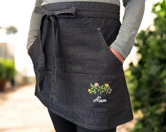 Personalised Gardening Apron, Floral Embroidered Waist Apron, Four Pocket Gardening Gift