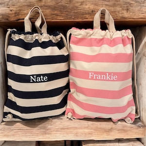 Personalised Nautical Drawstring Bag, printed striped Bag, Gym Bag, Children's nursery Bag, Beach Bag. 100% Brushed Cotton Canvas bag image 3