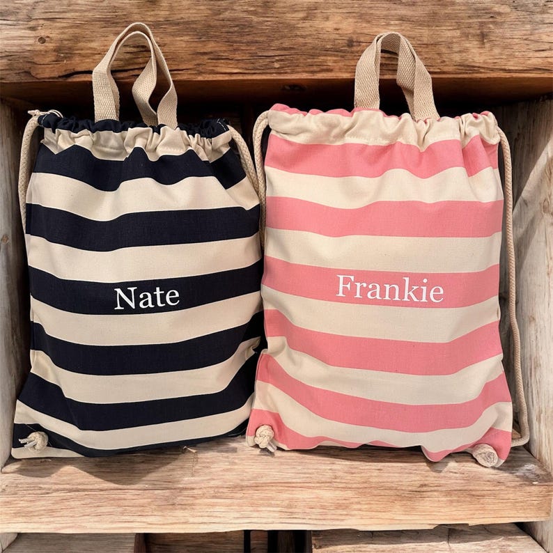 Personalised Nautical Drawstring Bag, printed striped Bag, Gym Bag, Children's nursery Bag, Beach Bag. 100% Brushed Cotton Canvas bag image 3