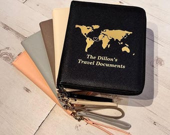 Personalised Travel Organiser, Travel Document Holder, Personalised Passport Holder.  Personalised Family Travel Organiser, World Traveler