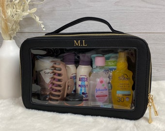 Personalised PU Leather Make Up Bag, Clear Window Cosmetic Vanity Bag, Personalised Travel Bag, Clear Toiletry Bag, Custom Accessory Bag