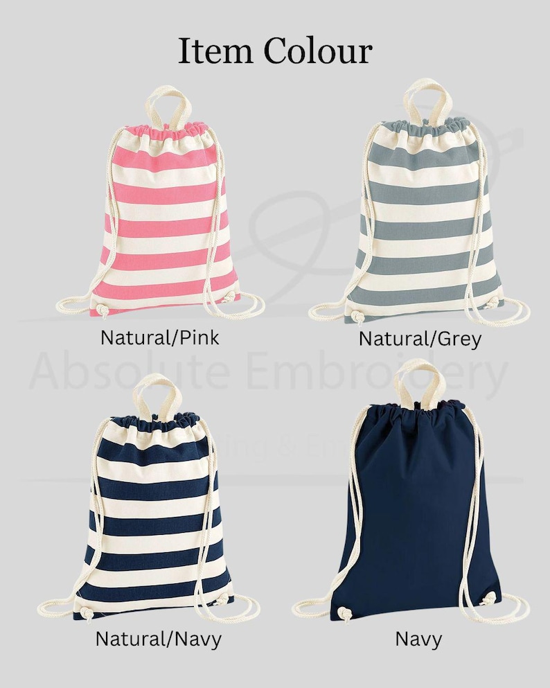 May include: Four drawstring backpacks in various colors. The bags are shown in pink and white stripes, grey and white stripes, navy and white stripes, and solid navy. Each bag has a white drawstring and a loop handle at the top. The text "Item Colour" is at the top.