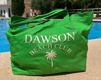 Personalised Organic Cotton Beach Tote Bag, Custom Name, Palm Tree, Large Fabric Shopping Bag, Holiday Bag, Vibrant personalised Tote