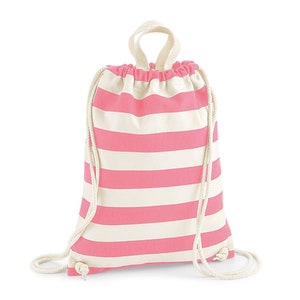 May include: A pink and white striped drawstring backpack. The bag has a cream-colored drawstring closure and a small loop handle at the top. The bag is made of a soft, durable fabric.